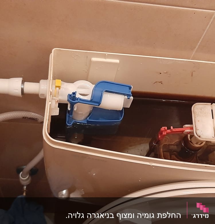 מיכל הדחה פתוח עם מנגנון פנימי וצינור מים